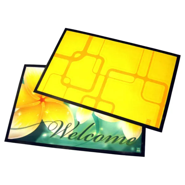 Two rectangular doormats, one yellow and one with a flower and Welcome text.