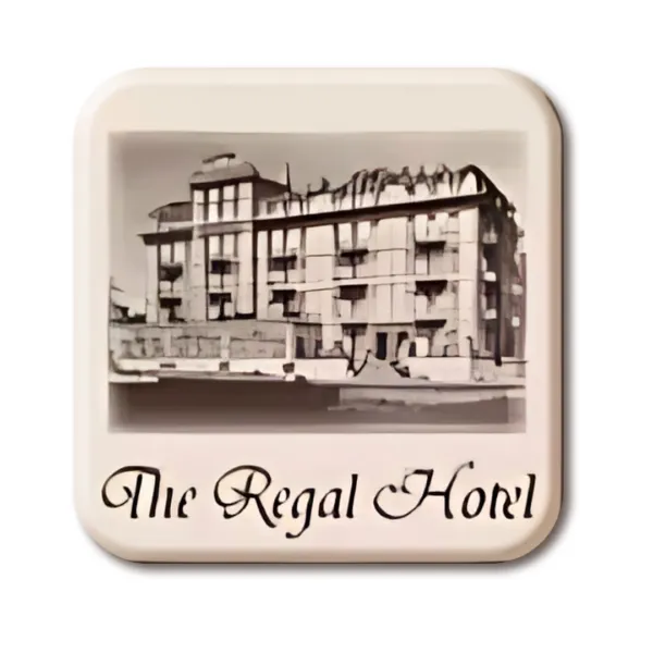 A stylized image of the vintage The Regal Hotel adorns a box of 100mm x 100mm x 6mm square chocolates, capturing nostalgia and elegance with its early 20th-century architecture and balconies.
