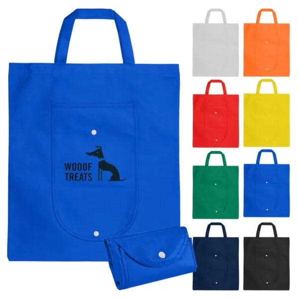 Colorful reusable tote bags, one unfolded in blue with WOOOF TREATS and a dog graphic.