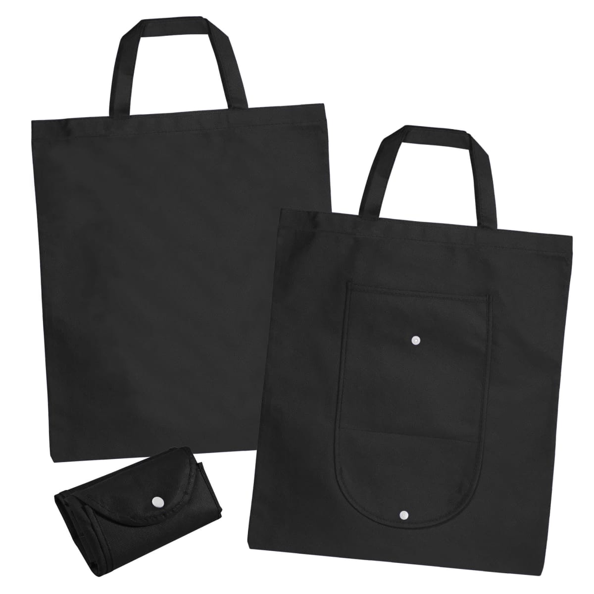 Three black reusable tote bags, one folded, two unfolded with handles and snap closures.