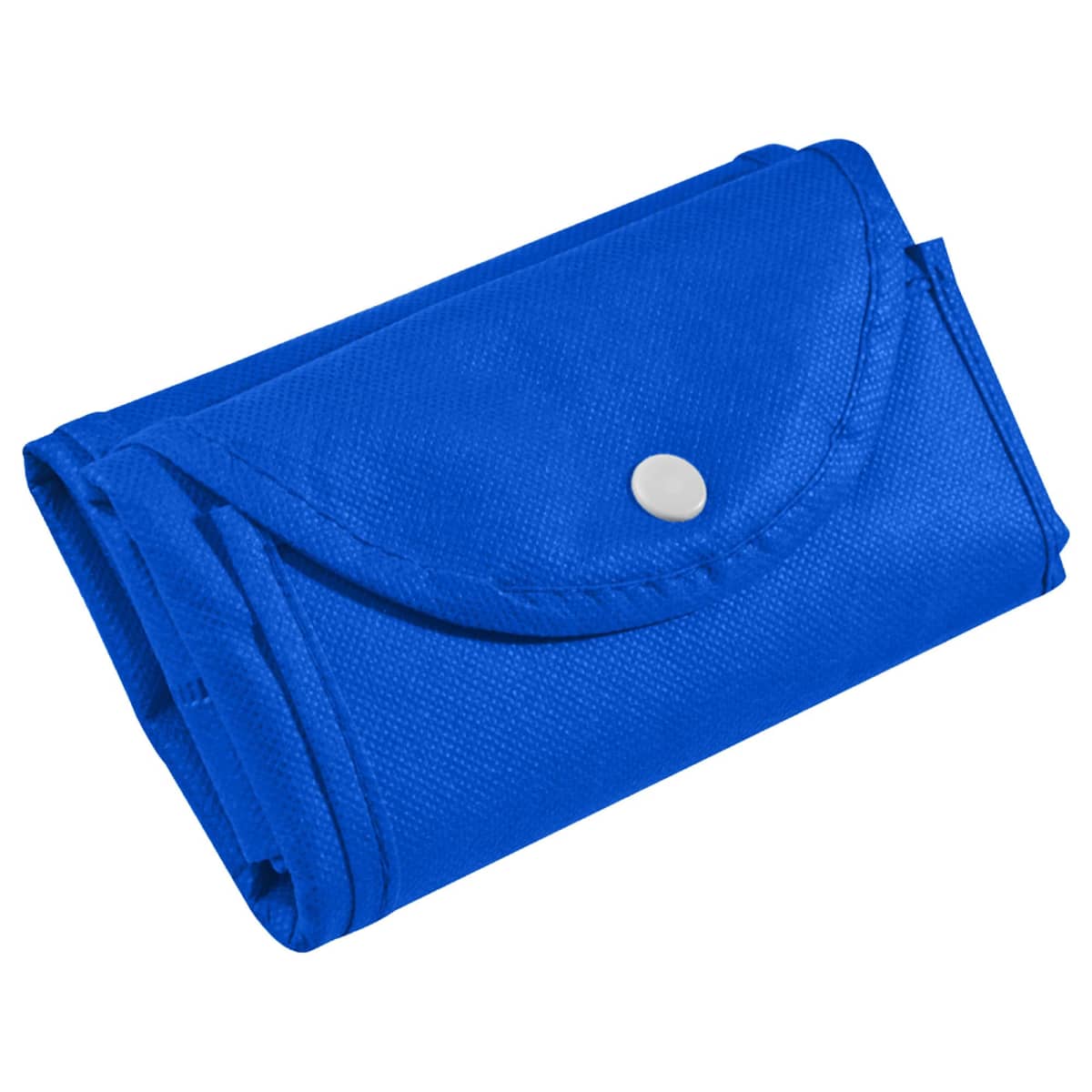 A small, blue, folded fabric pouch with a button closure.