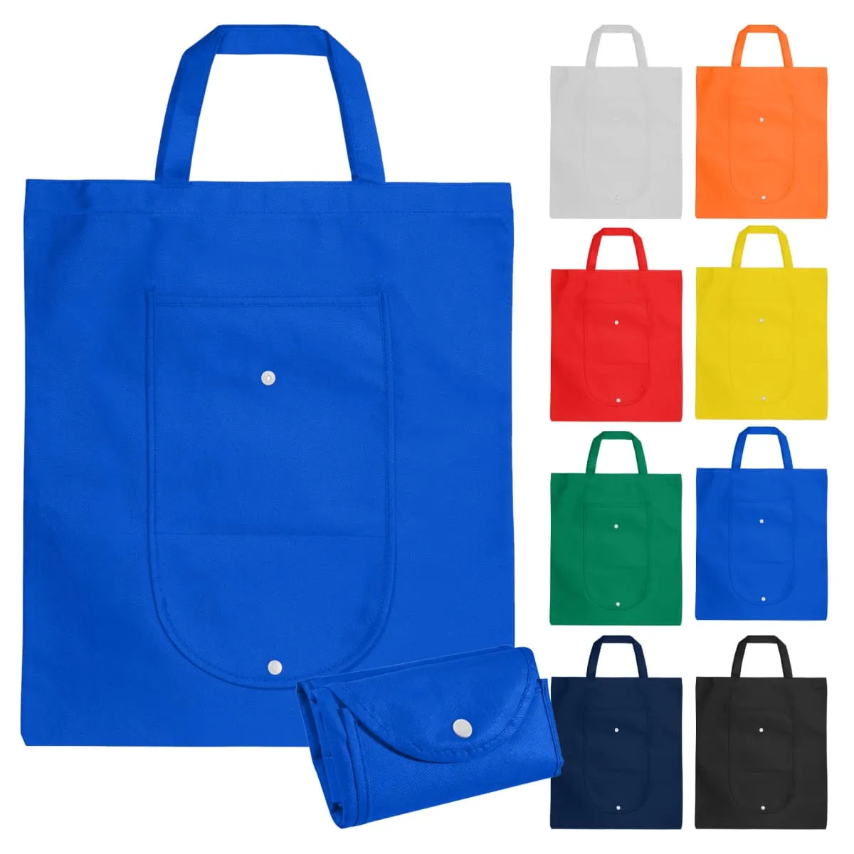 Reusable tote bags in various colors, shown unfolded and folded with a snap button closure.