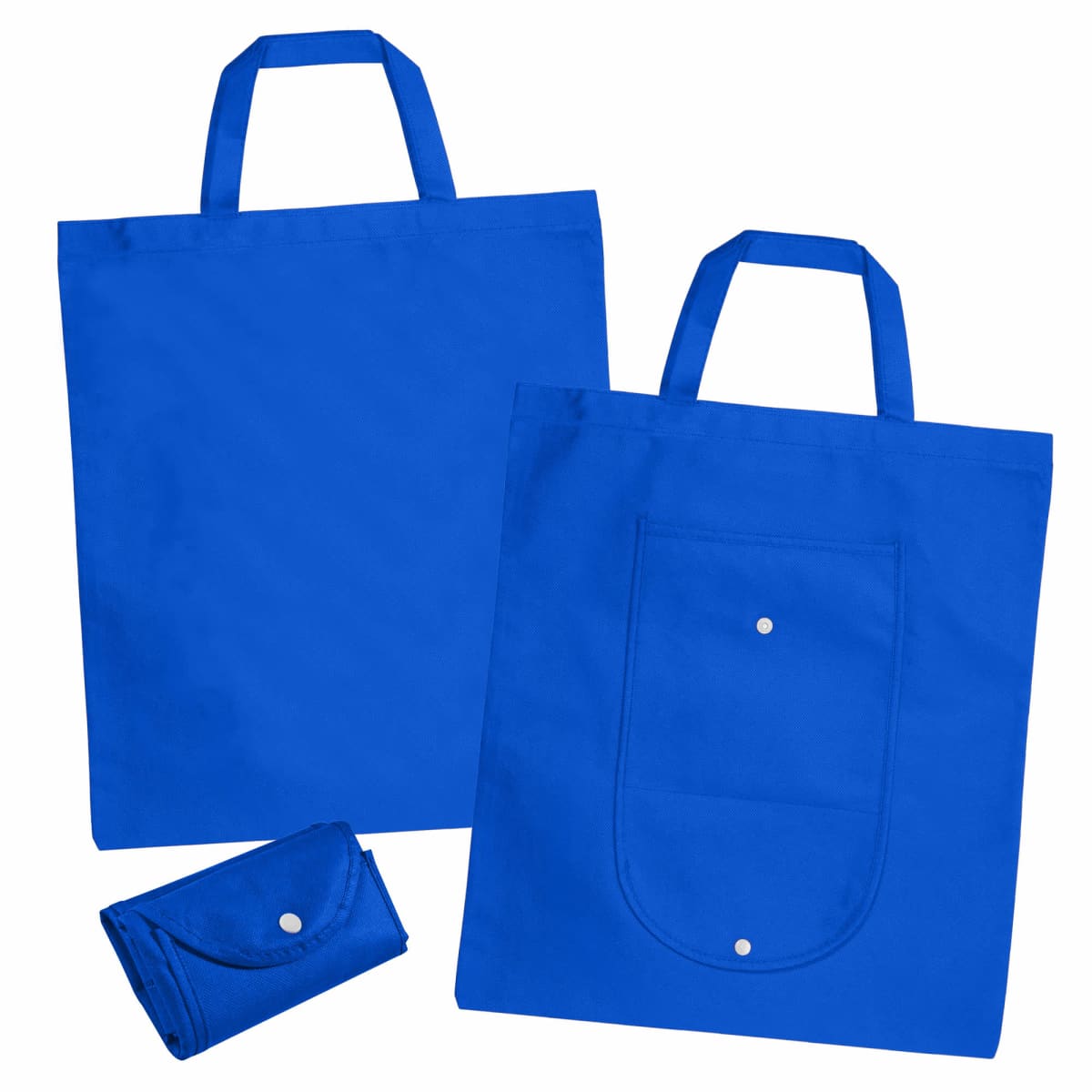 Two blue reusable tote bags, one folded and two open, with handles and snap closures.