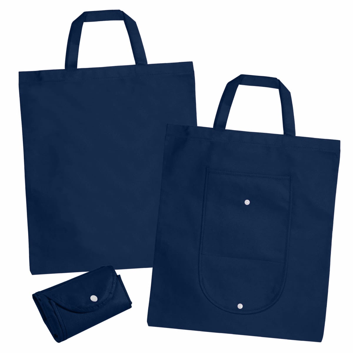 Three navy blue reusable tote bags, one folded, with handles and a front pocket.
