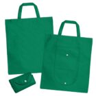 Three green reusable tote bags, one folded, displayed on a white background.