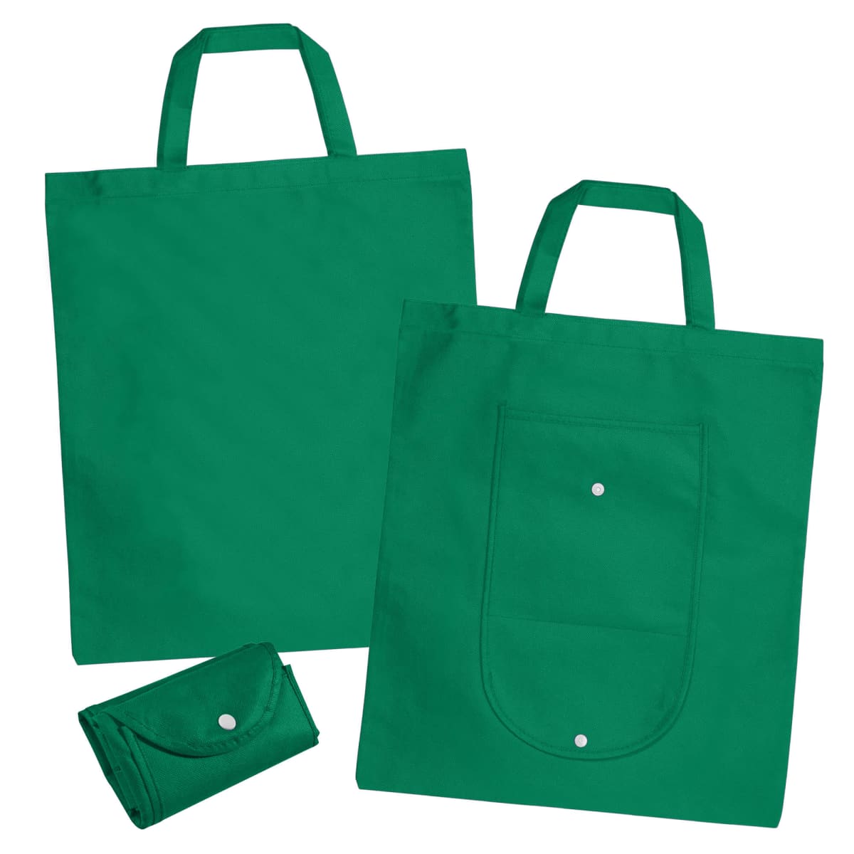 Three green reusable tote bags, one folded, displayed on a white background.
