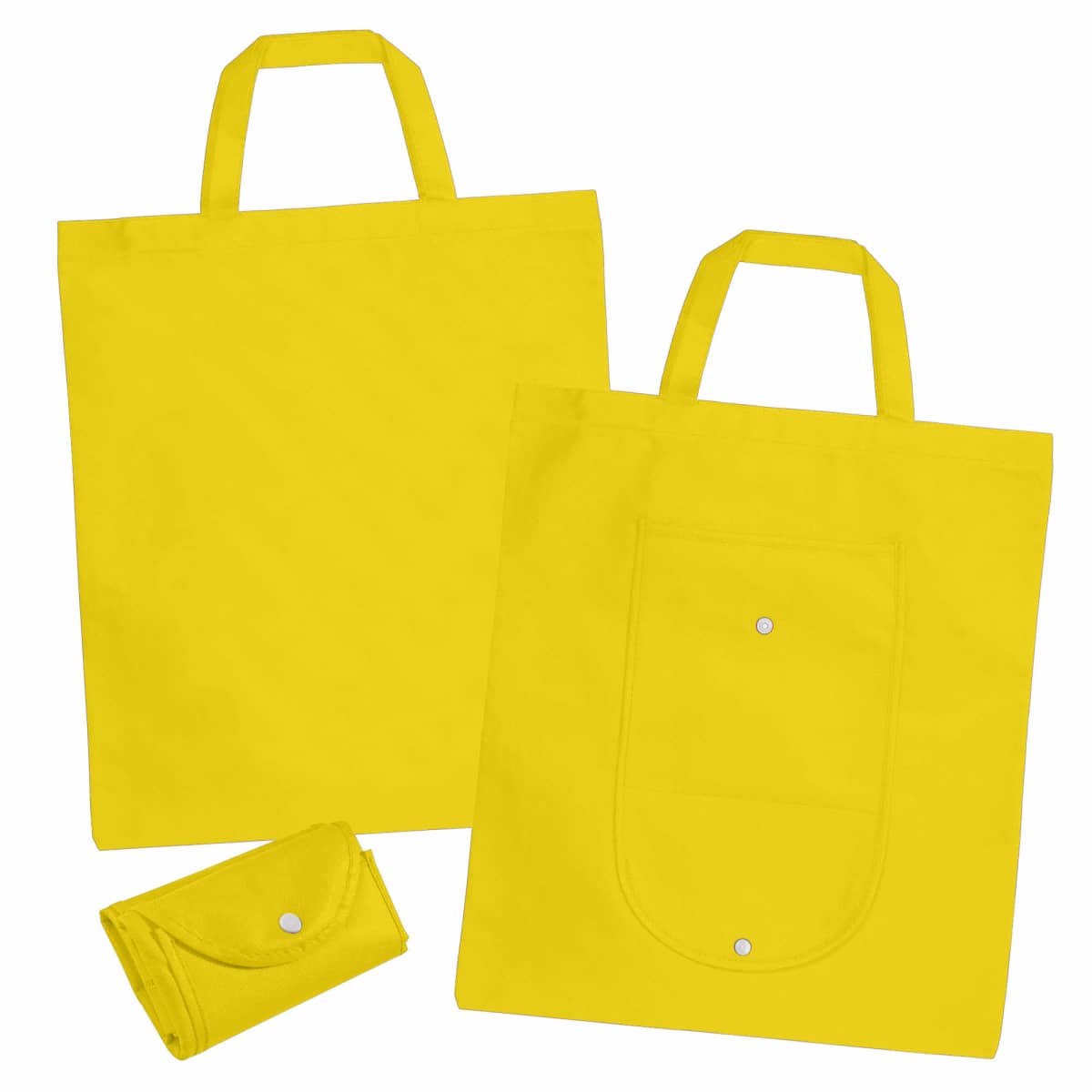 Three bright yellow reusable tote bags, two open with handles and one folded.