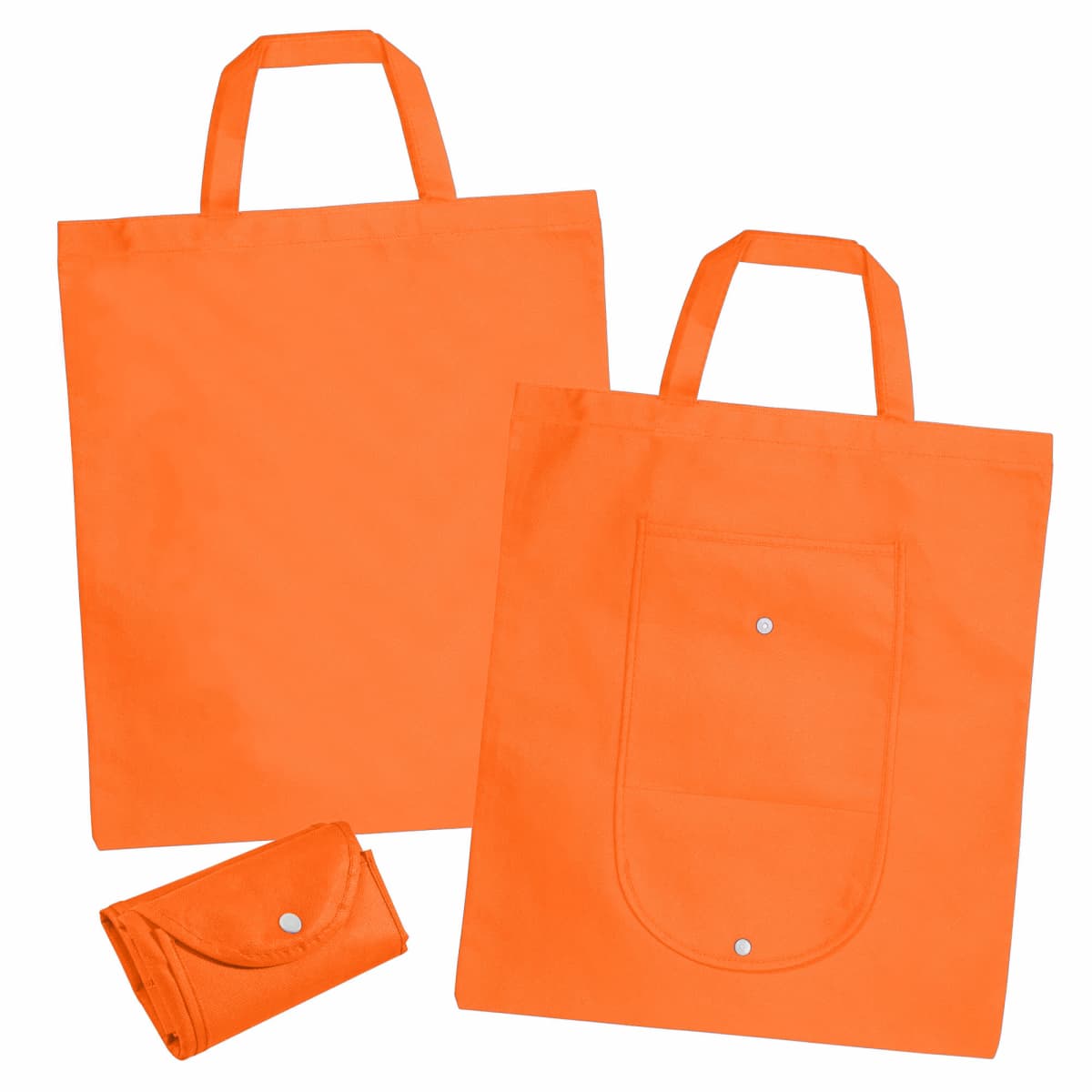 Three orange reusable tote bags, two unfolded and one folded, with short handles.