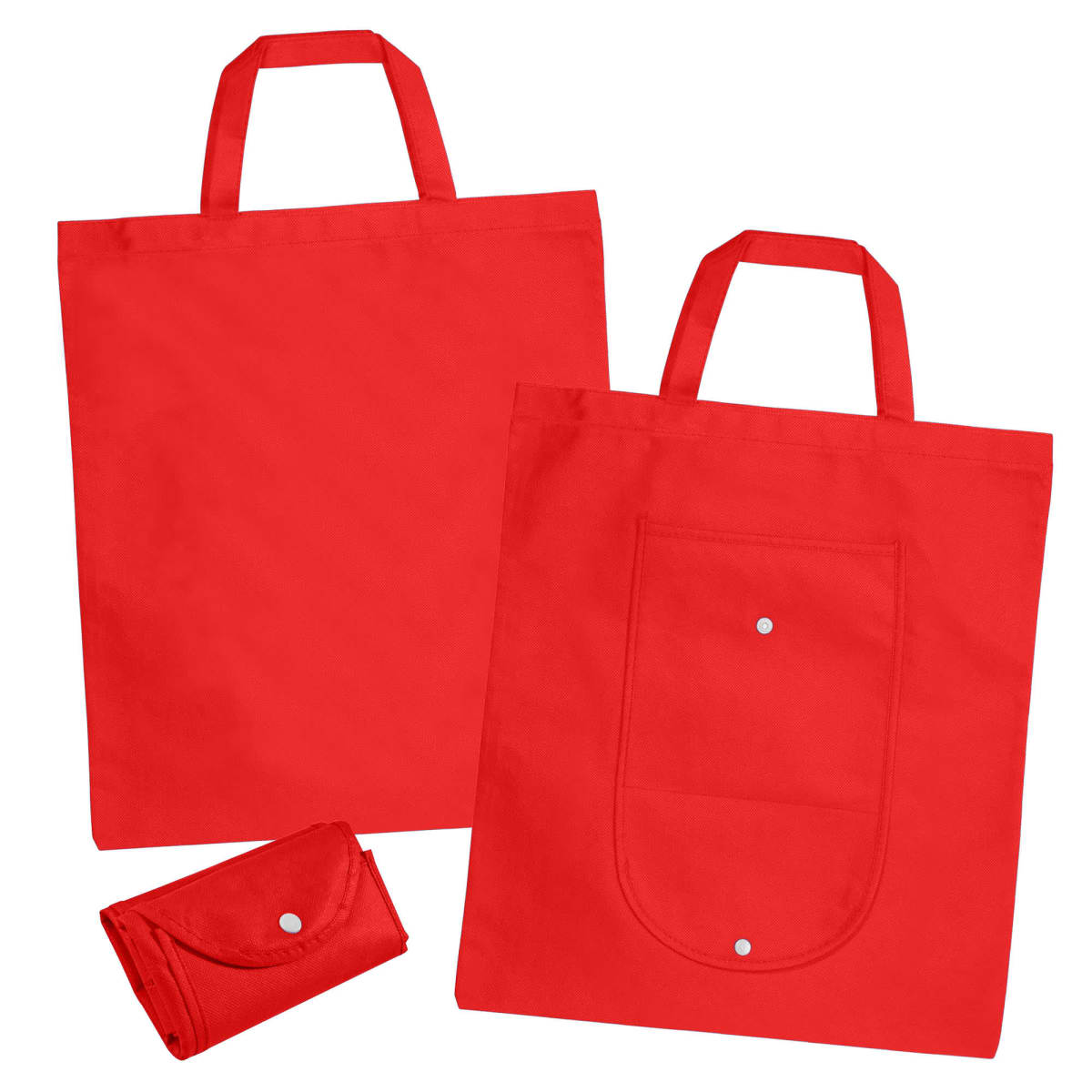 Two red reusable tote bags and one folded red tote bag, all with handles, on a white background.