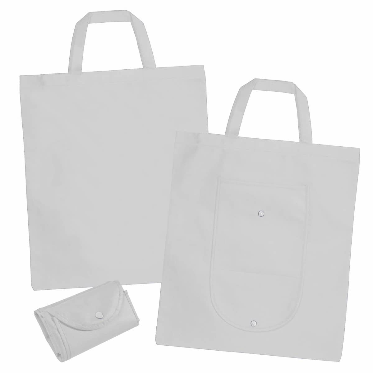 Two white reusable tote bags and one folded tote bag on a white background.