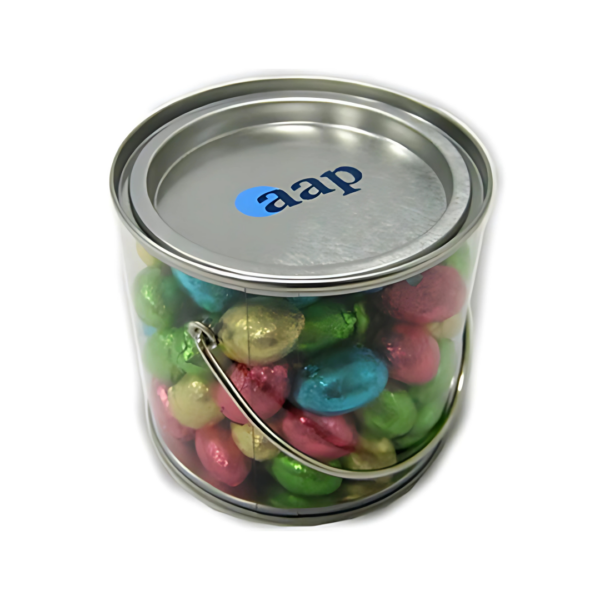 A bucket of branded Easter eggs labeled aap on the lid.