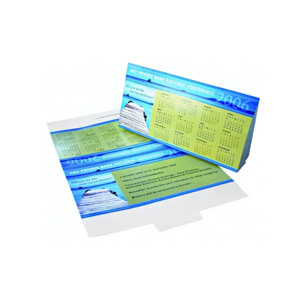 The Desk Calendar for the ABE Private Bank National Conference 2006 features a vibrant blue and green design, combining a yearly calendar with conference details on a chic stack of papers.