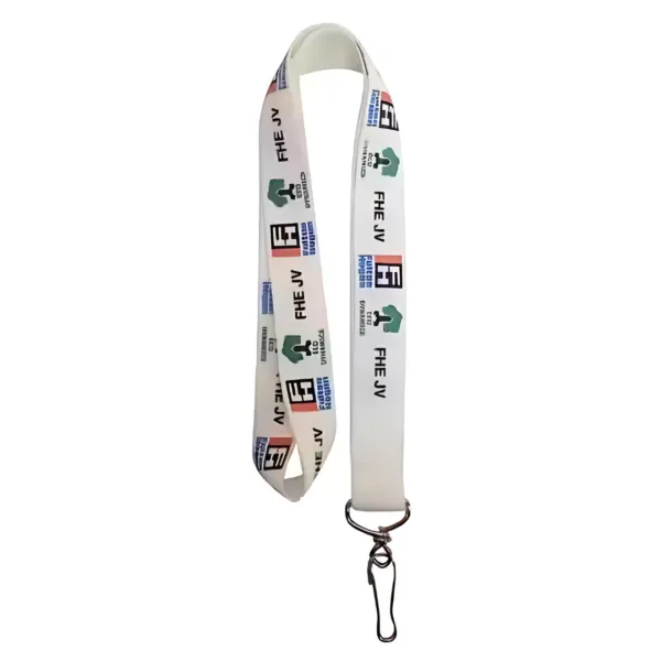 Full Colour Sublimation Lanyards feature a white base with a metal clasp and display logos and text in black, blue, and green.