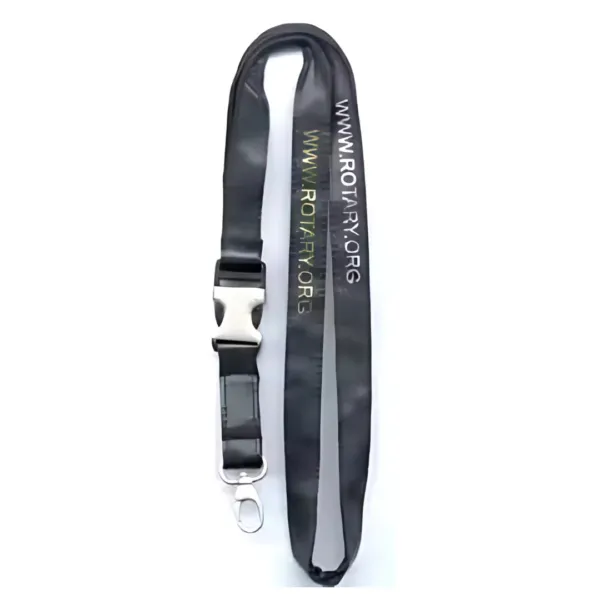 The Imitation Leather Lanyard is black with www.rotary.org in white and yellow, featuring a silver metal clip and a black plastic buckle.