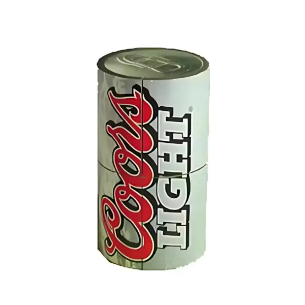 A Magic Can Shape Coors Light beer can, featuring a silver background with a red and white logo and black text, stands vertically as if by magic on a plain white backdrop.