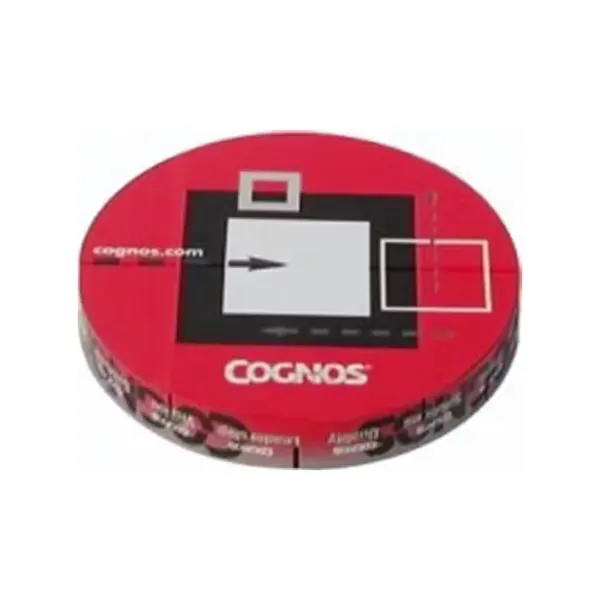 A circular red Magic Prism Disk displays the text COGNOS next to a geometric square design with an arrow in the center, while its edge features repeated patterns and text.