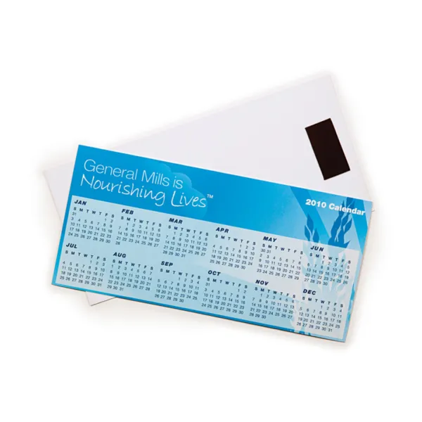 A 2010 Magnetic Tab Calendar magnet from General Mills displays a grid of months from January to December. The top reads General Mills is Nourishing Lives on a light blue background.