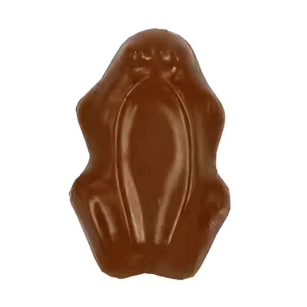 The Moulded Chocolate Frog, viewed from above, features a smooth, shiny surface with defined legs and eyes, set against a plain white background.