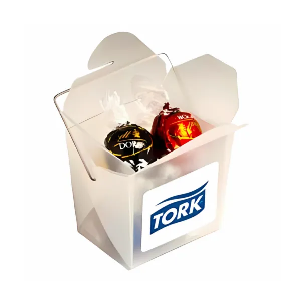 Five Lindt Lindor Balls in a white Noodle Box labeled Tork on the front.