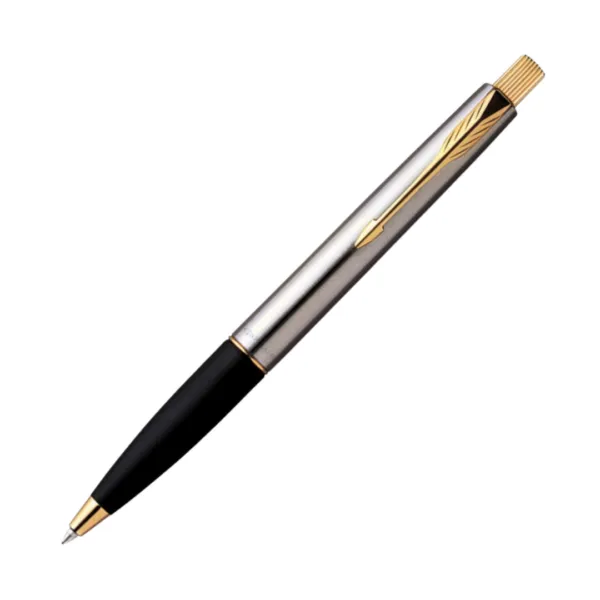 Silver and black Parker Frontier Series ballpoint pen with gold clip and tip on white background.