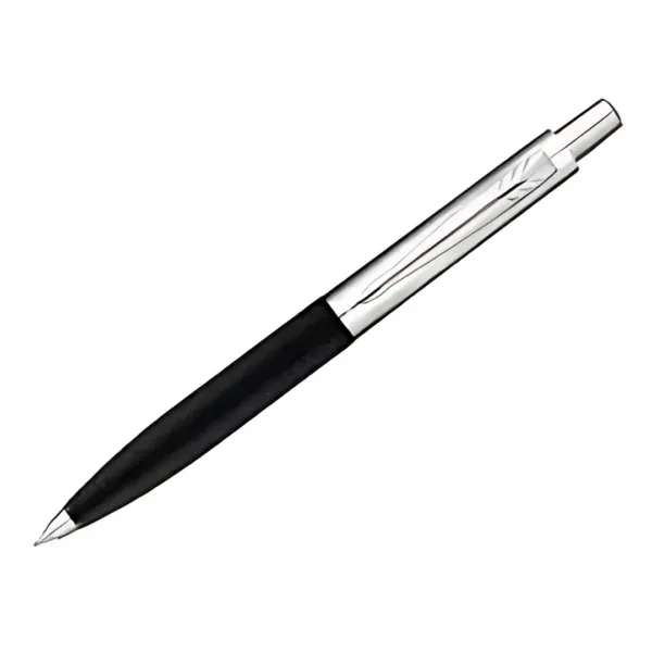 A Parker Reflex Series black and silver retractable ballpoint pen on a white background.