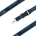 The Poly/Satin Lanyards in blue and black feature the Hobby Caravan text and logo, a metal clip, and a black plastic buckle. Displayed on a white background, these lanyards blend style with durability.