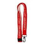 Premium Woven Lanyards in red featuring Charles Sturt University printed in white, complete with a sturdy metal clip for attaching items.