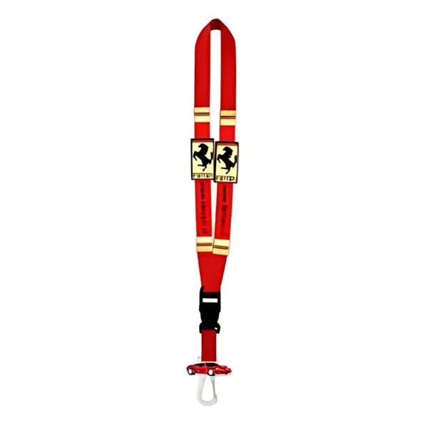 This striking Printed Nylon/PVC Lanyard showcases a red Ferrari logo, with a quick-release buckle and robust metal clasp hook. Ideal for fans, it seamlessly blends style and practicality.