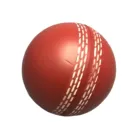 A close-up image of the Promotional Stress Ball Cricket Red, featuring white stitching like a cricket ball. The balls prominent seam lines stand out against the plain white background.