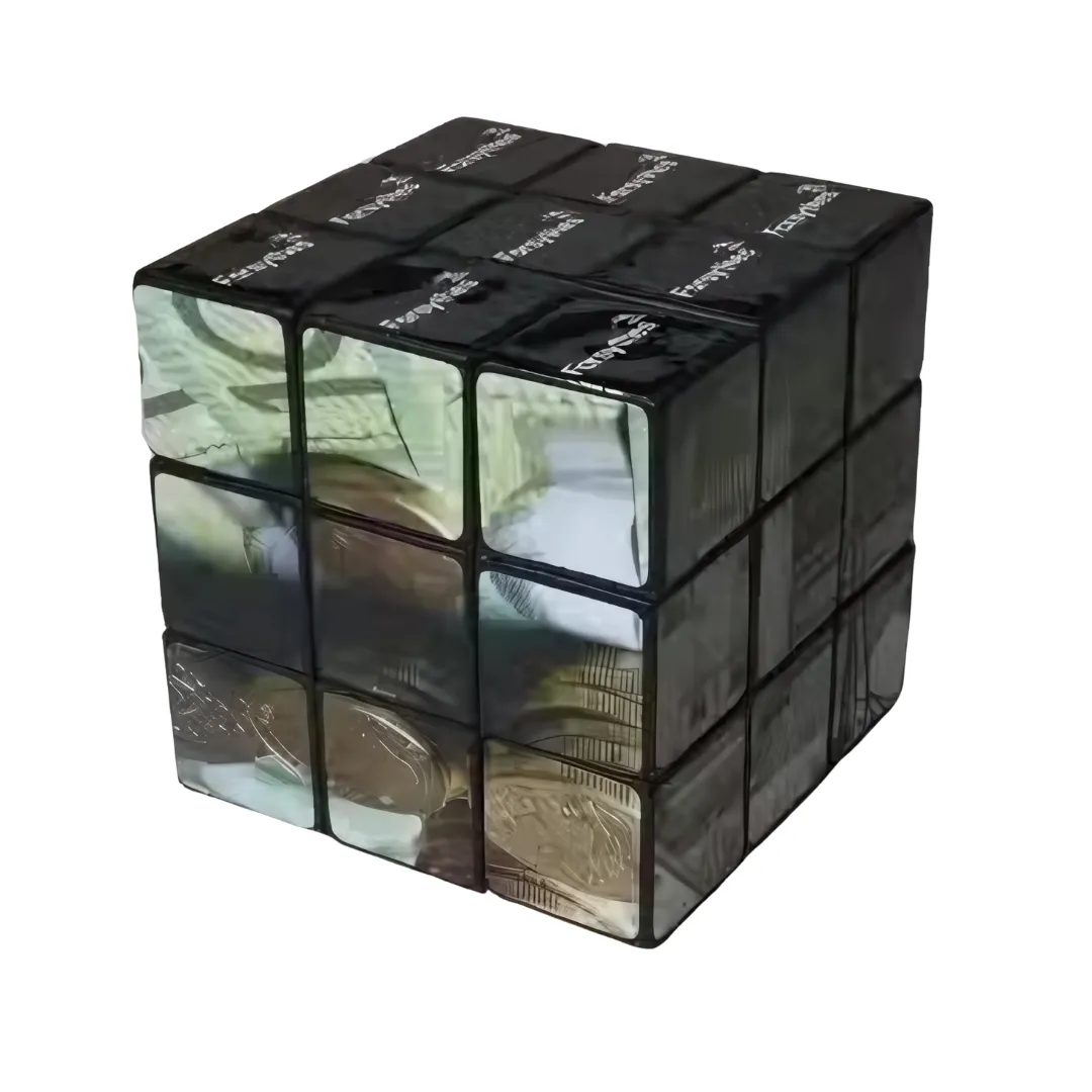 A Rubiks 3x3 Cube featuring images of currency coins and notes on each face, creating a metallic and paper-like look, is depicted against a plain white background.