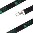 This satin black lanyard features a durable metal clip and displays a vibrant green city skyline graphic alongside the text Developer Developer Developer! Perth. Product: Satin Lanyards.