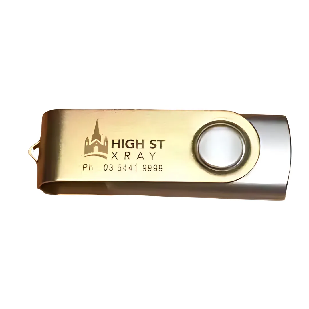 Custom Engraved Swivel Top USB in gold and silver, labeled High St X Ray with phone number.