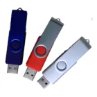 Three Custom Engraved Swivel Top USBs in blue, red, and white on a white background.