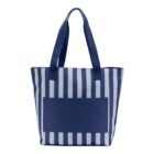 Blue and white striped tote bag with solid blue front pocket and handles.
