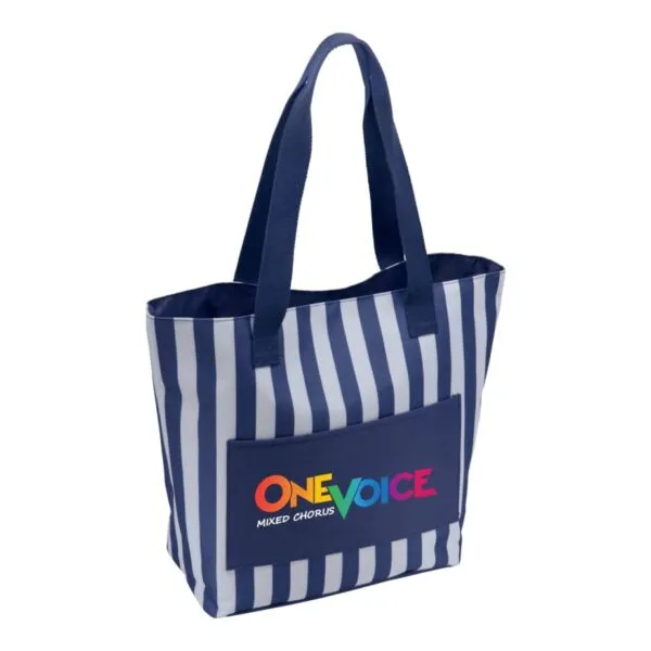 Blue and white striped tote bag with ONE VOICE logo in colorful letters on the front pocket.