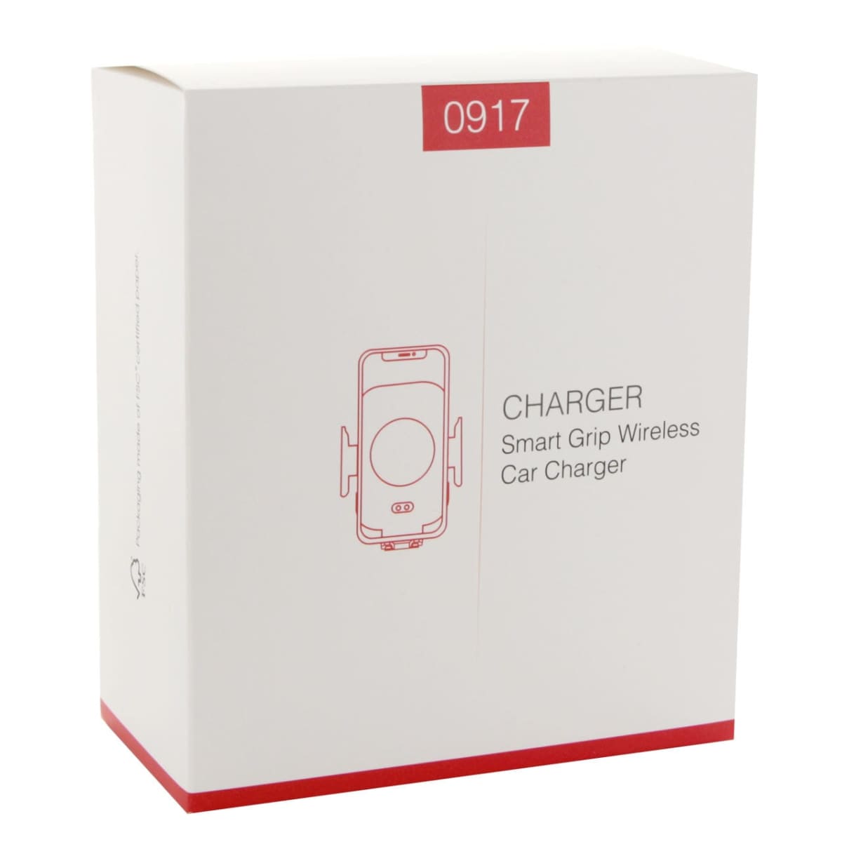 Box of a Smart Grip Wireless Car Charger with red text and illustration.