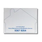 House-shaped promotional adhesive note pad with company logo.