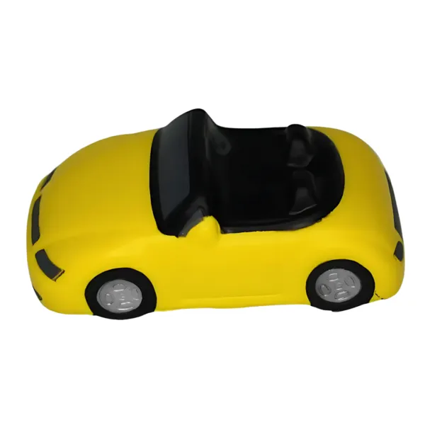 A slightly elevated view shows the Sports Car Yellow toy, featuring a small yellow convertible design, black interior, and silver wheels.