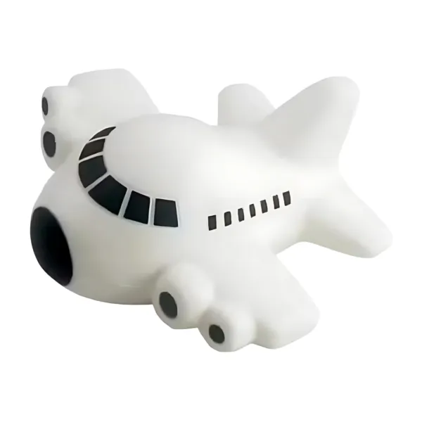 The Stress Ball Shape Plane is a cartoon-style white toy airplane with black accents, including windows and engines. It features exaggerated design elements that give it a playful appearance, akin to an airplane-shaped stress ball, all set against a white background.