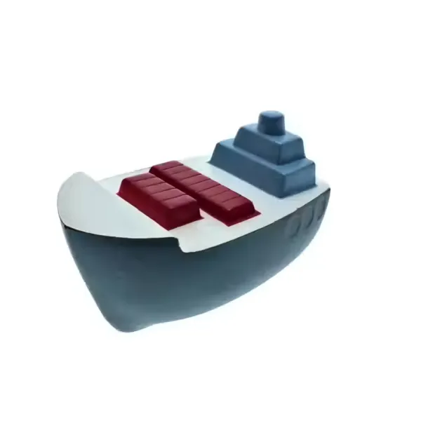 Illustration of a minimalistic cargo ship with a dark hull, red deck containers, and blue rear structures. The design resembles the calming effect of Stress Balls - Cargo Ship set against a plain white background.