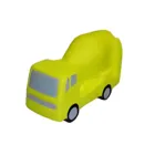 The Stress Balls - Cement Truck features a yellow toy truck with a smooth, rounded shape, black wheels, gray windows and grille. Its simple design offers stress relief similar to stress balls, set against a plain white background.