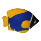 Introducing the Stress Shaped Fish Blue, a vibrant toy with cartoonish flair, featuring a blue body, yellow fins and tail, a playful black face, and a striking white band near the eye—perfect for adding color and fun to any environment.