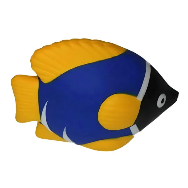 Introducing the Stress Shaped Fish Blue, a vibrant toy with cartoonish flair, featuring a blue body, yellow fins and tail, a playful black face, and a striking white band near the eye—perfect for adding color and fun to any environment.