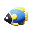 The Stress Shaped Fish Blue features a whimsical cartoon fish design, with a lively blue body, yellow fins, a black face, and white stripes. Facing left on a serene white background, it radiates stress-free tranquility through its vibrant colors.