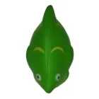 Top view of a green rubber Stress Shaped Fish, artistically designed with wide eyes and yellow markings, providing playful stress relief, isolated on a white background.