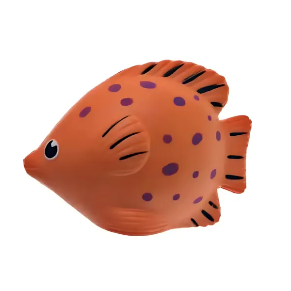 The Stress Shaped Fish is an orange inflatable toy adorned with purple spots and black fin accents. It features a large black eye and a small mouth, resembling a whimsical stress relief tool, set against a plain white background.