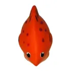 A brightly colored Stress Shaped Fish toy, with orange rubber and round black eyes, features small purple spots. Seen from the front against a plain white background, it serves as a stress reliever.