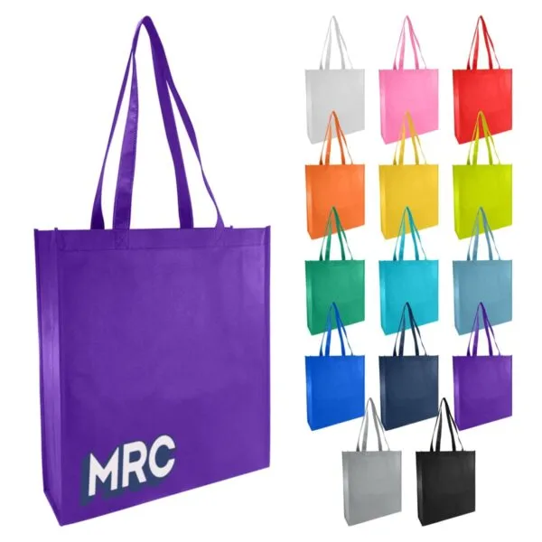 Colorful tote bags displayed with a larger purple bag featuring MRC text.