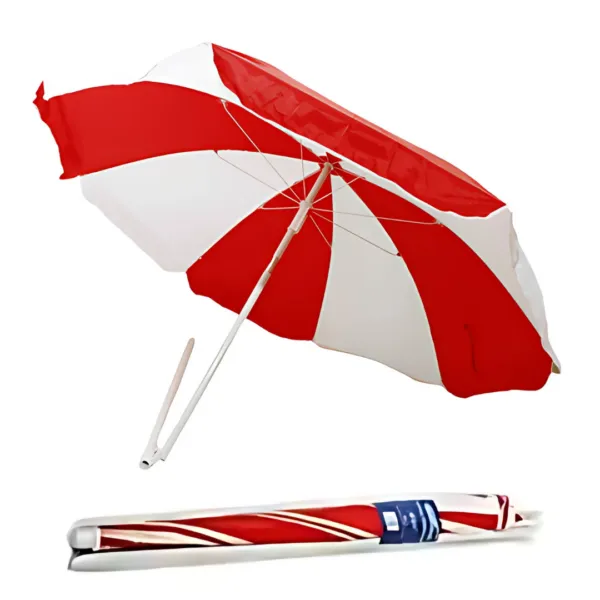Branded Beach Umbrellas: red & white open umbrella with folded version below.