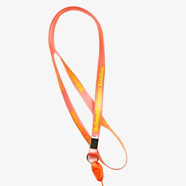 Red/orange Printed PVC Lanyard: plastic clasp, small clip attached.